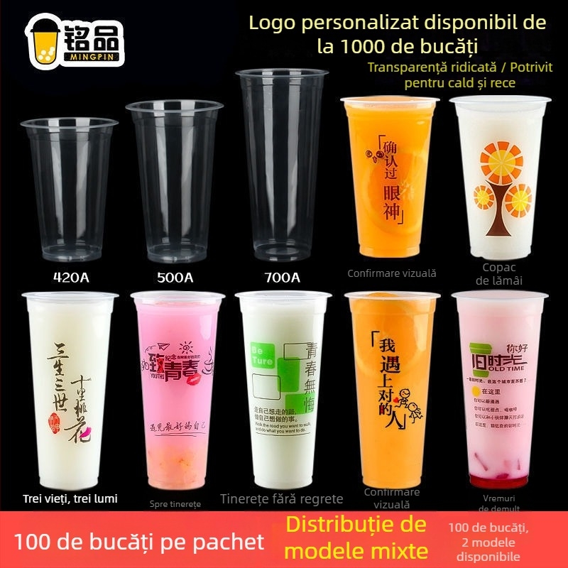 Cupe de plastic de unică folosință, îngroșate, pentru ceai cu lapte, băuturi și lapte de soia, cu capac și pai