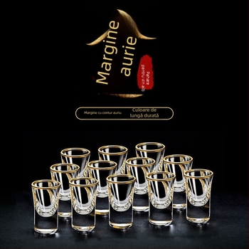 Pahar de spirtoase în stil chinezesc, cristal, margine aurie și foiță de aur, pahar pentru whisky