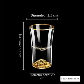 Pahar de spirtoase în stil chinezesc, cristal, margine aurie și foiță de aur, pahar pentru whisky