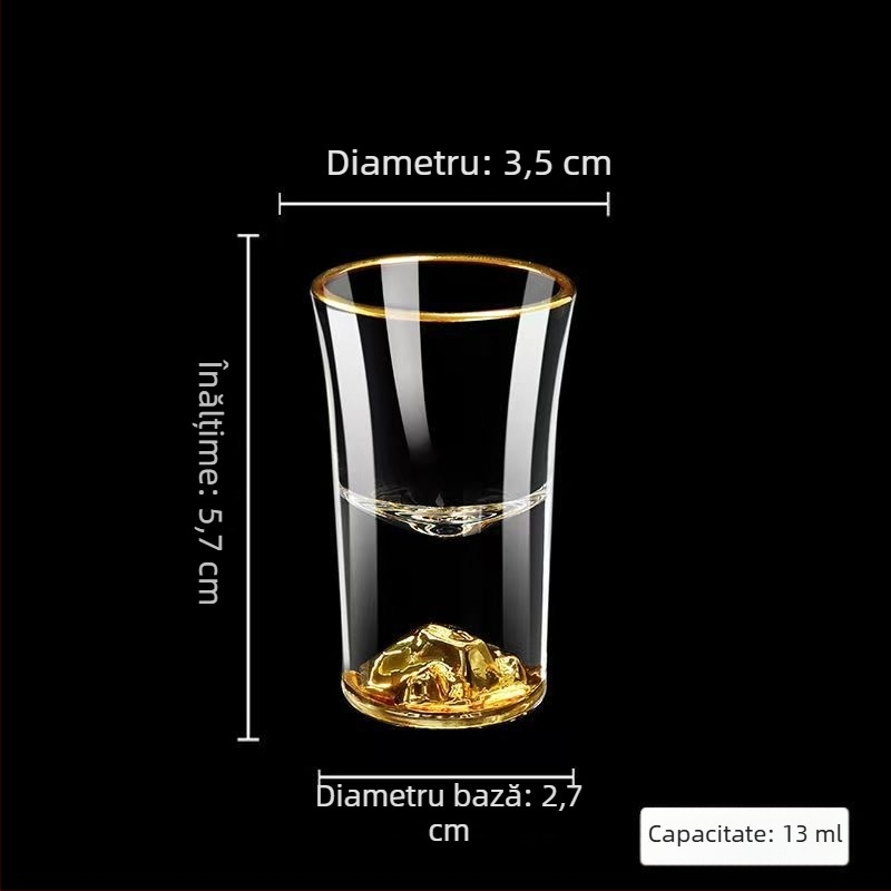 Pahar de spirtoase în stil chinezesc, cristal, margine aurie și foiță de aur, pahar pentru whisky