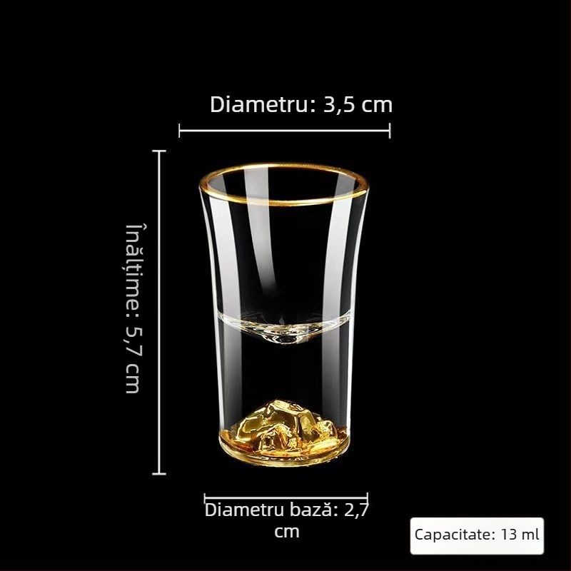 Pahar de spirtoase în stil chinezesc, cristal, margine aurie și foiță de aur, pahar pentru whisky