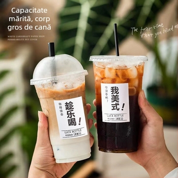 Pahar plastic PET de 600 ml, cu capac, pentru băuturi reci (ceai cu lapte și cafea), de unică folosință, uz comercial, diametru 98 mm