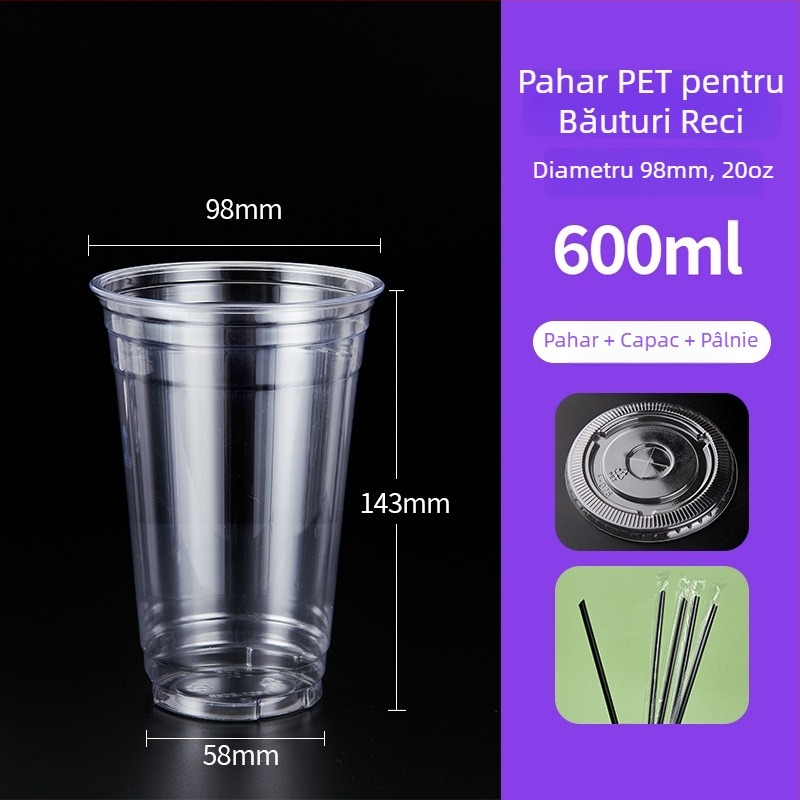 Pahar plastic PET de 600 ml, cu capac, pentru băuturi reci (ceai cu lapte și cafea), de unică folosință, uz comercial, diametru 98 mm
