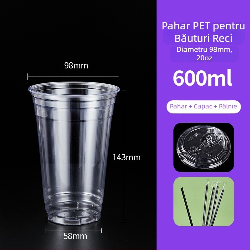 Pahar plastic PET de 600 ml, cu capac, pentru băuturi reci (ceai cu lapte și cafea), de unică folosință, uz comercial, diametru 98 mm