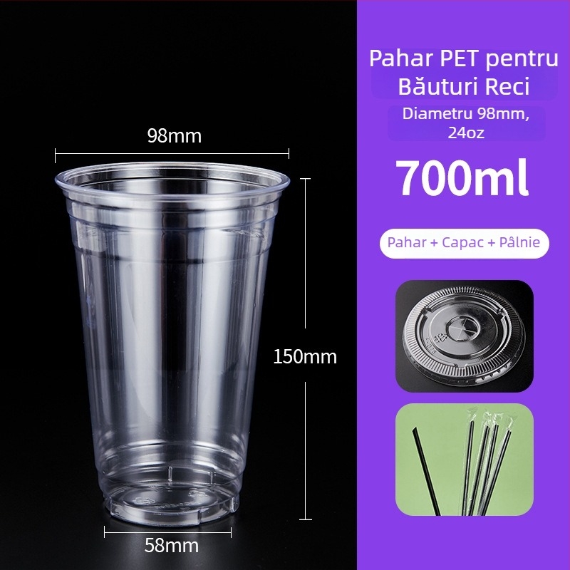 Pahar plastic PET de 600 ml, cu capac, pentru băuturi reci (ceai cu lapte și cafea), de unică folosință, uz comercial, diametru 98 mm