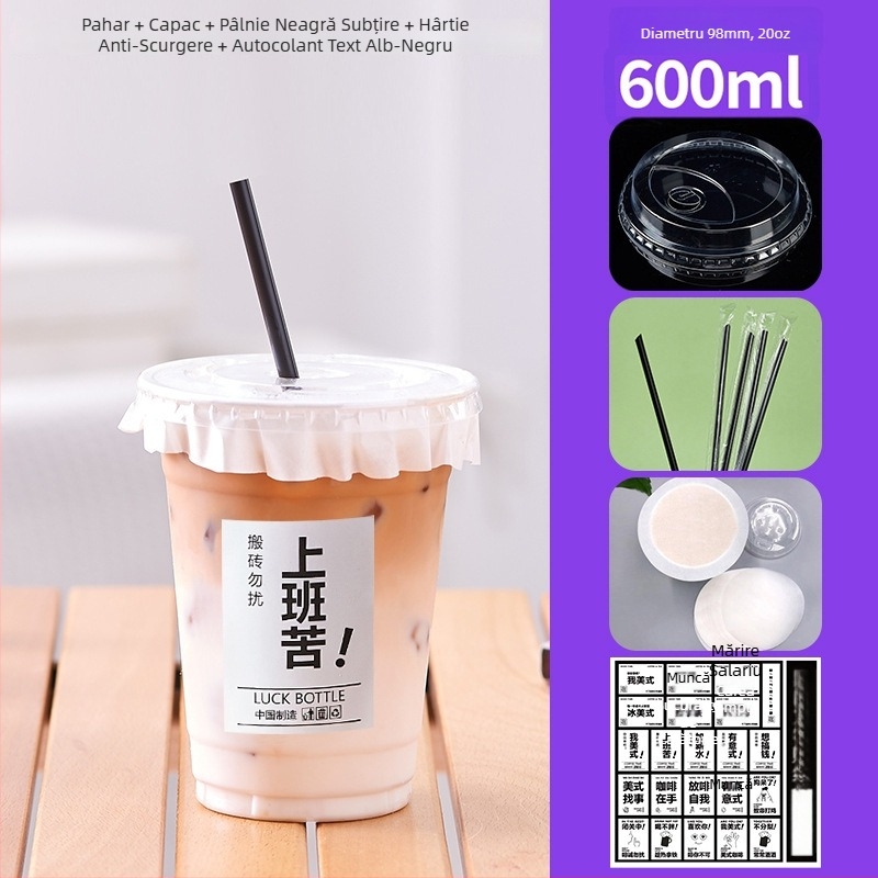 Pahar plastic PET de 600 ml, cu capac, pentru băuturi reci (ceai cu lapte și cafea), de unică folosință, uz comercial, diametru 98 mm