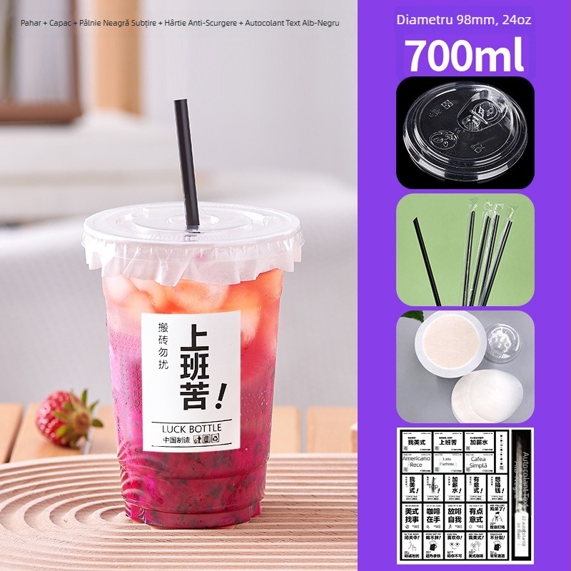 Pahar plastic PET de 600 ml, cu capac, pentru băuturi reci (ceai cu lapte și cafea), de unică folosință, uz comercial, diametru 98 mm