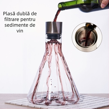 Decantor de vin din sticlă de cristal, cu filtru, turnare tip cascadă, capacitate peste 1000 ml
