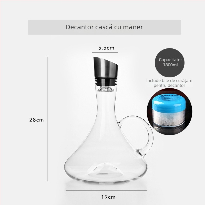 Decantor de vin din sticlă de cristal, cu filtru, turnare tip cascadă, capacitate peste 1000 ml