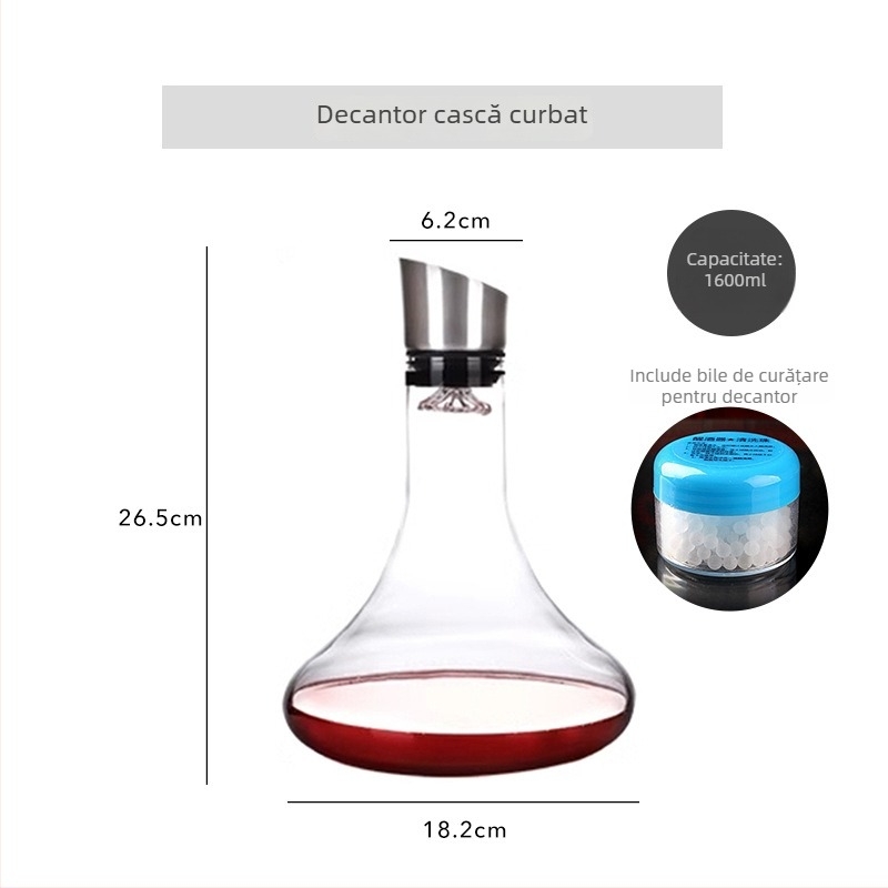 Decantor de vin din sticlă de cristal, cu filtru, turnare tip cascadă, capacitate peste 1000 ml