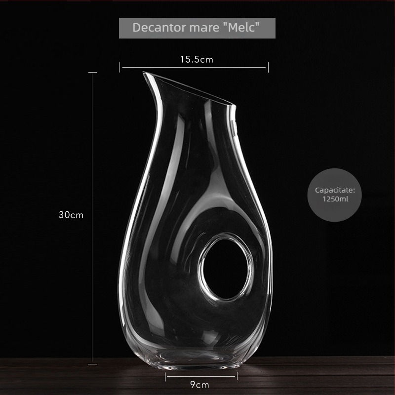 Decantor de vin din sticlă de cristal, cu filtru, turnare tip cascadă, capacitate peste 1000 ml