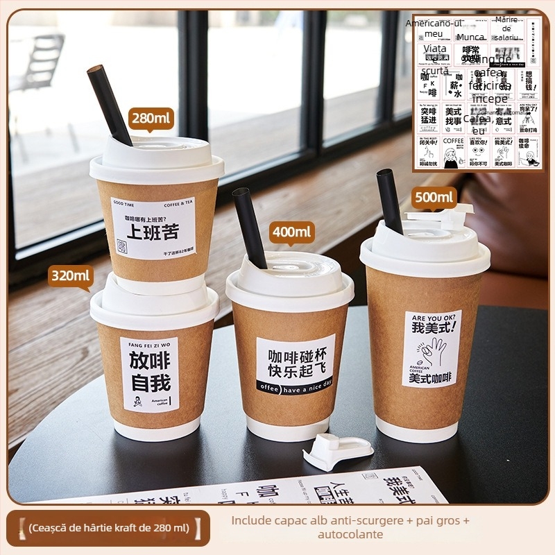 Pahar de unică folosință din hârtie pentru cafea și ceai cu lapte, capac, 301–400 ml