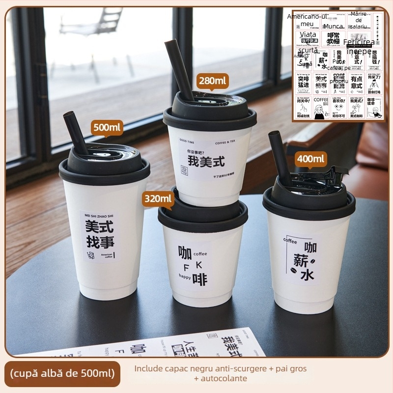 Pahar de unică folosință din hârtie pentru cafea și ceai cu lapte, capac, 301–400 ml