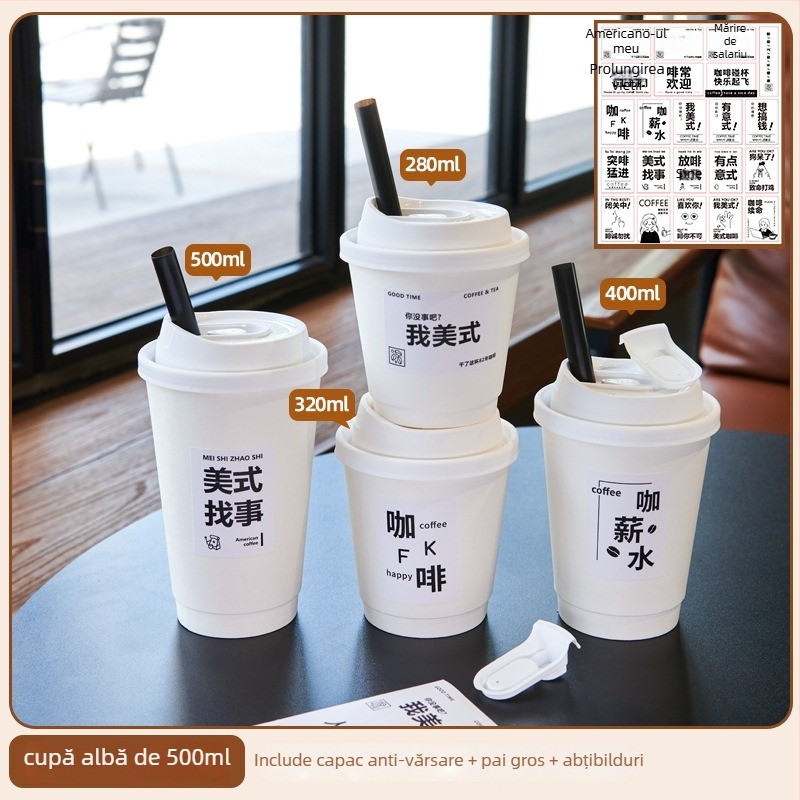 Pahar de unică folosință din hârtie pentru cafea și ceai cu lapte, capac, 301–400 ml