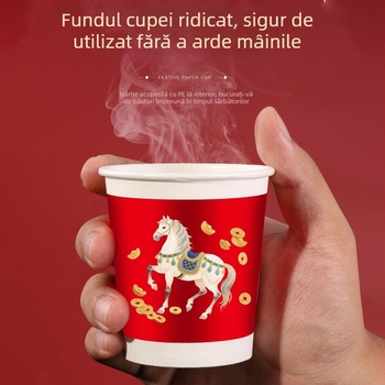 Pahare de unică folosință din hârtie – Anul Calului, de calitate alimentară, groase și durabile, pahare festive pentru Anul Nou Chinezesc