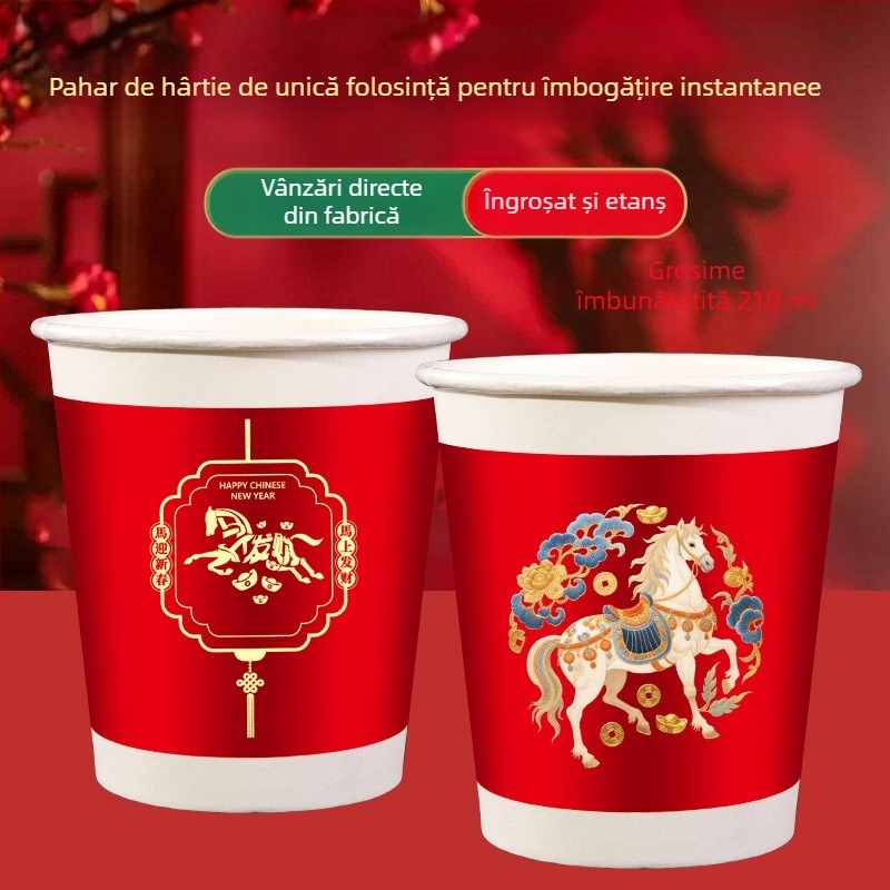 Pahare de unică folosință din hârtie – Anul Calului, de calitate alimentară, groase și durabile, pahare festive pentru Anul Nou Chinezesc