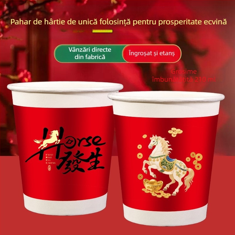 Pahare de unică folosință din hârtie – Anul Calului, de calitate alimentară, groase și durabile, pahare festive pentru Anul Nou Chinezesc