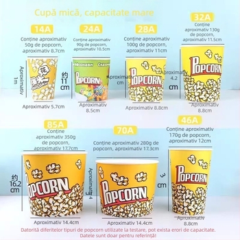 Coșuleț mini pentru popcorn, rotund, din hârtie galbenă groasă, pentru cinematograf