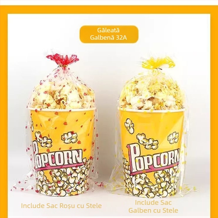Coșuleț mini pentru popcorn, rotund, din hârtie galbenă groasă, pentru cinematograf