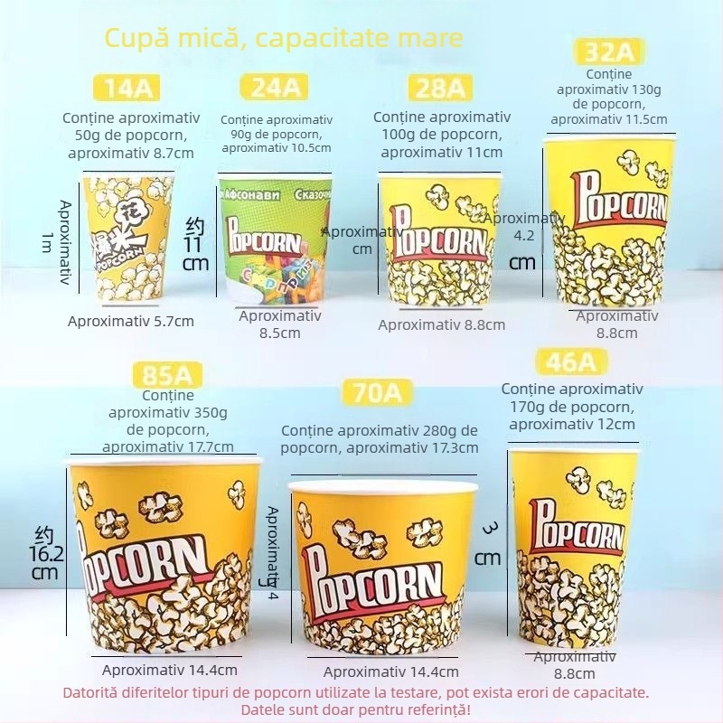 Coșuleț mini pentru popcorn, rotund, din hârtie galbenă groasă, pentru cinematograf