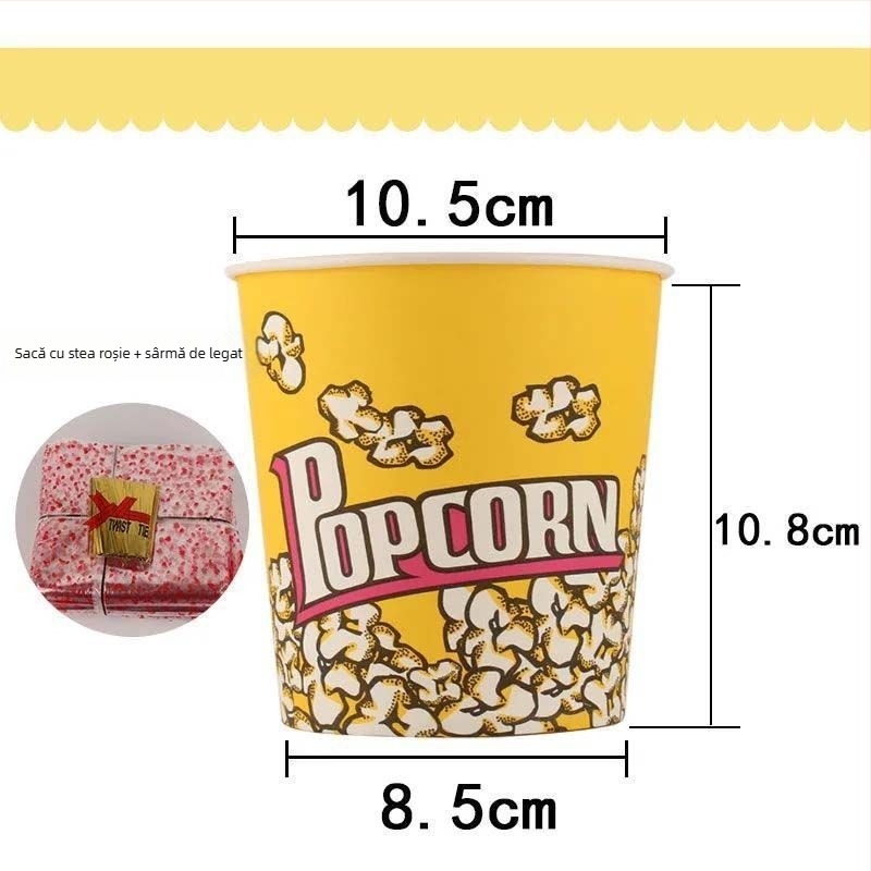 Coșuleț mini pentru popcorn, rotund, din hârtie galbenă groasă, pentru cinematograf