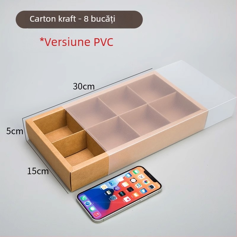 Cutie cu sertar din hârtie kraft, 6-8 compartimente, finisaj PVC mat, pentru patiserie și cadouri de ceai