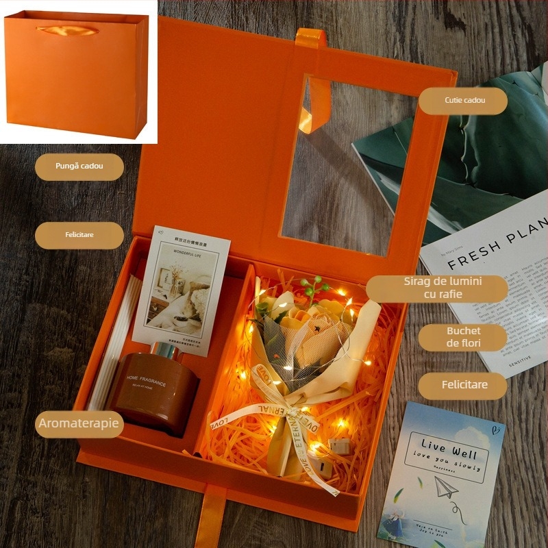 Buchet de garofițe fără flacără în cutie cadou cu aromaterapie pentru Ziua Femeii
