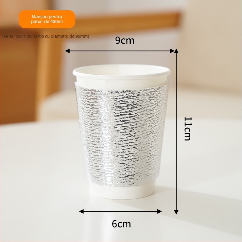 Manșon izolant pentru cana de ceai cu lapte, 500 ml, folie de aluminiu cu spumă Pearl Cotton, menține cald sau rece