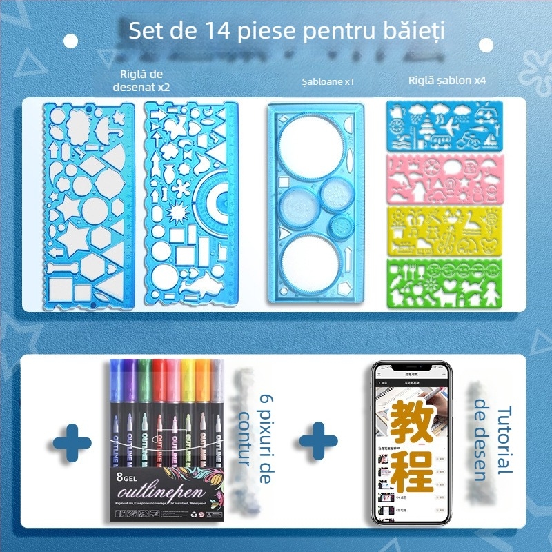 Set Wanhua de rigle pentru elevi – desen, șabloane pentru ziar desenat manual, riglă multifuncțională