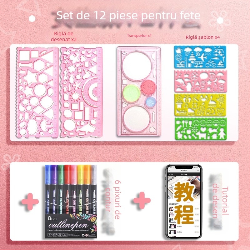 Set Wanhua de rigle pentru elevi – desen, șabloane pentru ziar desenat manual, riglă multifuncțională