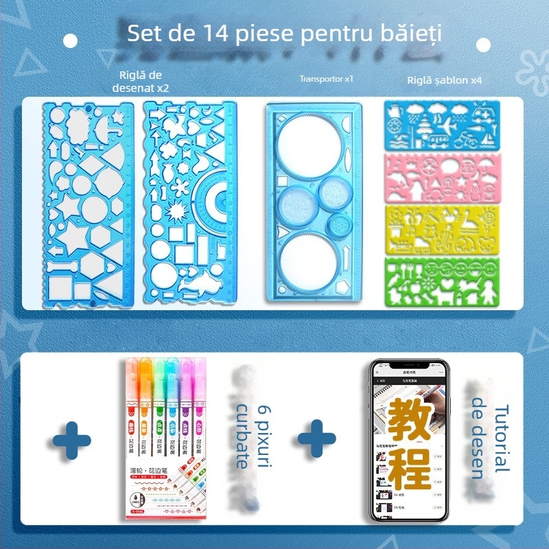 Set Wanhua de rigle pentru elevi – desen, șabloane pentru ziar desenat manual, riglă multifuncțională