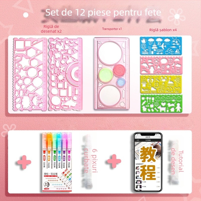 Set Wanhua de rigle pentru elevi – desen, șabloane pentru ziar desenat manual, riglă multifuncțională