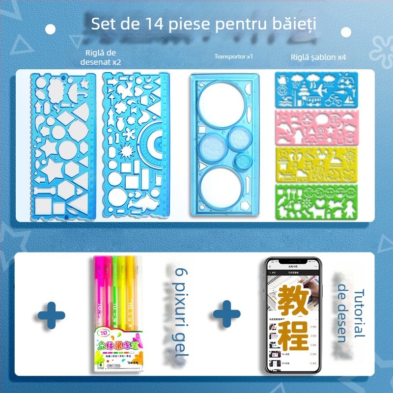 Set Wanhua de rigle pentru elevi – desen, șabloane pentru ziar desenat manual, riglă multifuncțională