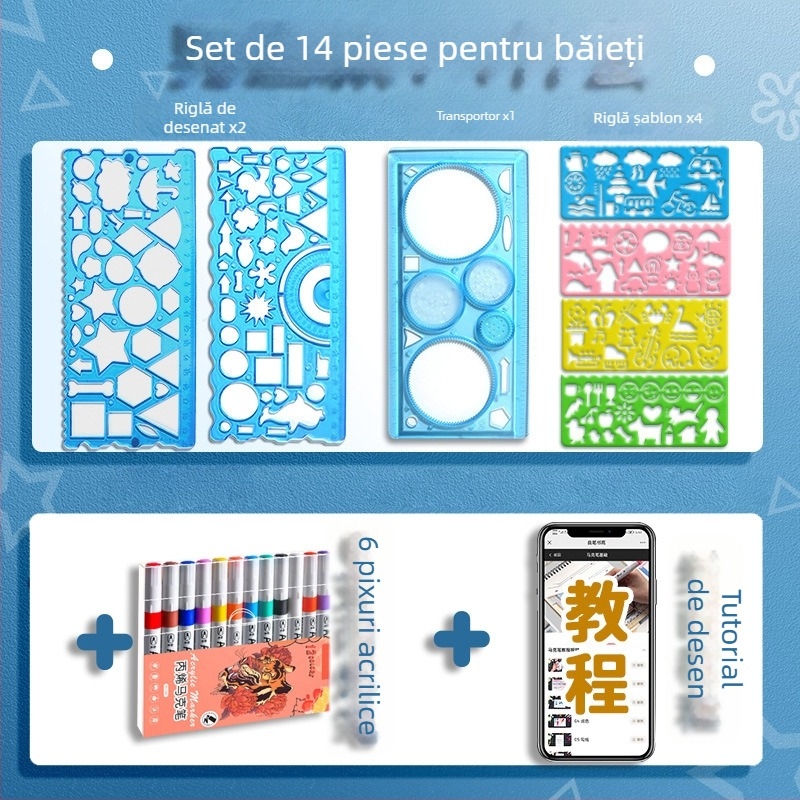 Set Wanhua de rigle pentru elevi – desen, șabloane pentru ziar desenat manual, riglă multifuncțională