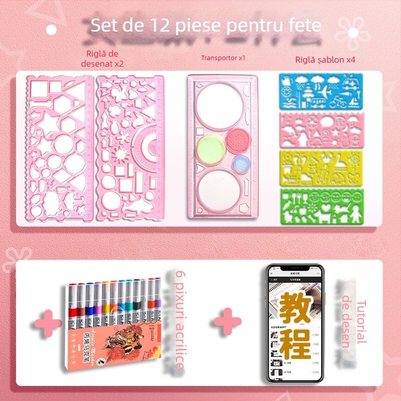 Set Wanhua de rigle pentru elevi – desen, șabloane pentru ziar desenat manual, riglă multifuncțională