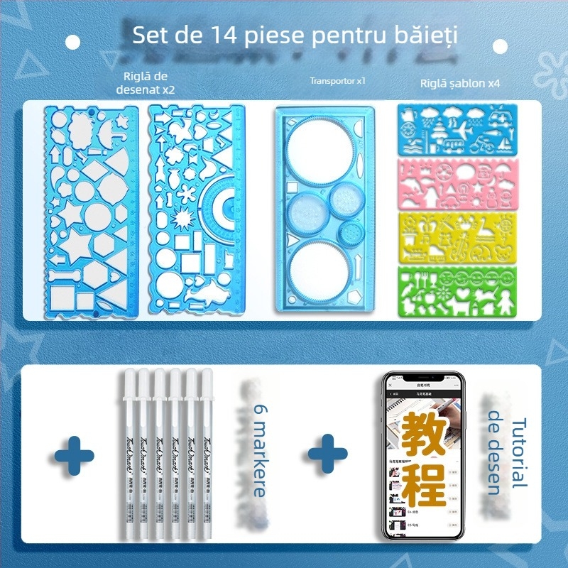Set Wanhua de rigle pentru elevi – desen, șabloane pentru ziar desenat manual, riglă multifuncțională