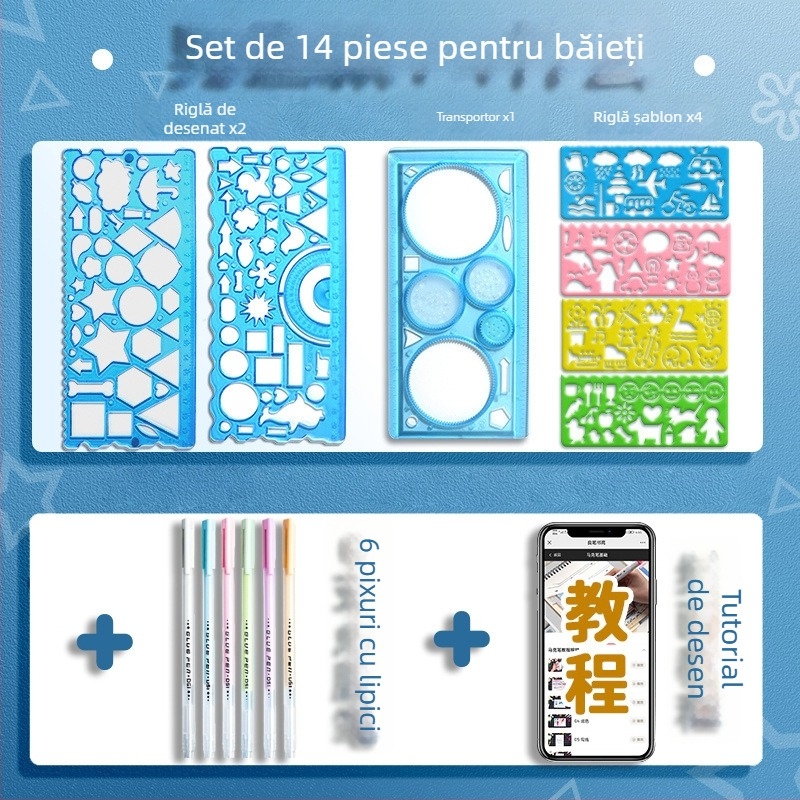 Set Wanhua de rigle pentru elevi – desen, șabloane pentru ziar desenat manual, riglă multifuncțională