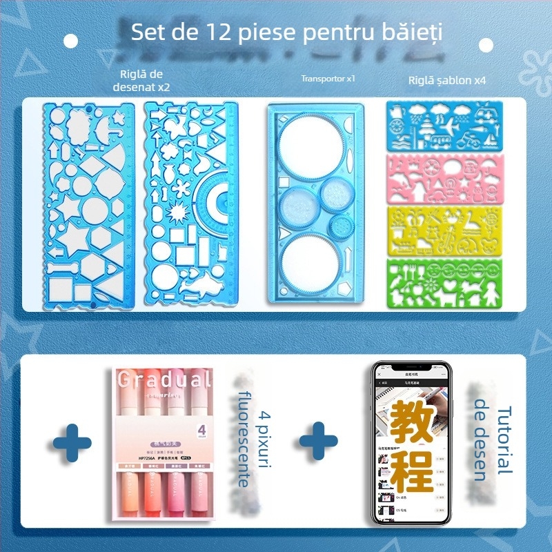 Set Wanhua de rigle pentru elevi – desen, șabloane pentru ziar desenat manual, riglă multifuncțională