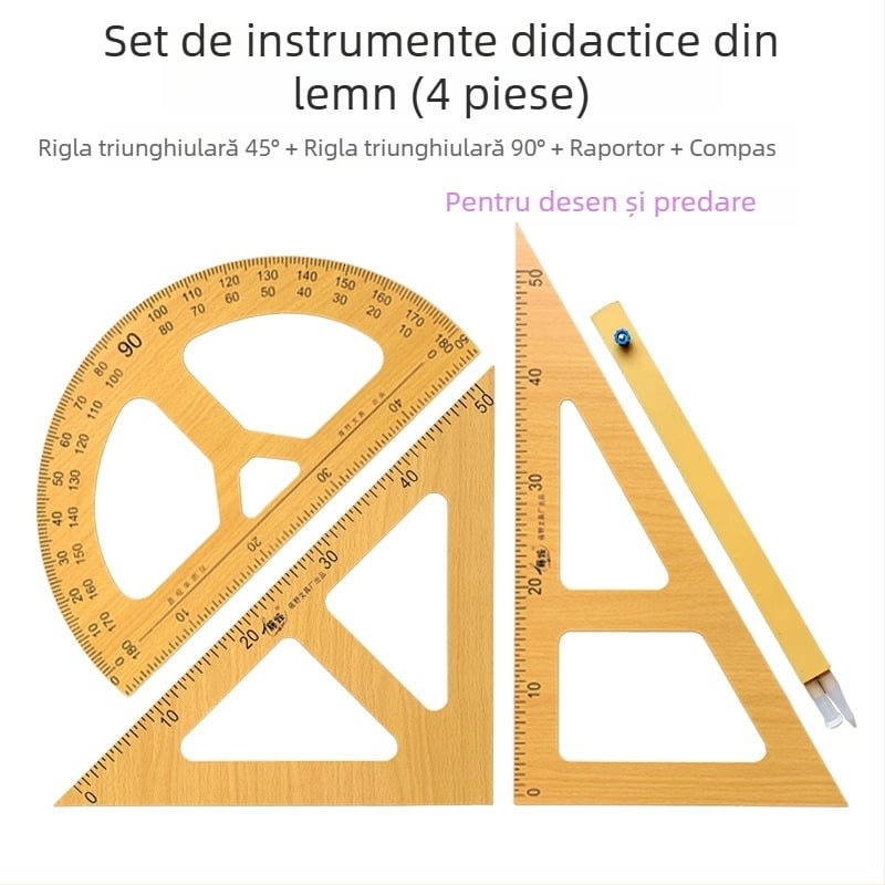 Set de instrumente didactice din lemn: riglă triunghiulară, unghiometru, compas — 4 piese pentru demonstrații în clasă