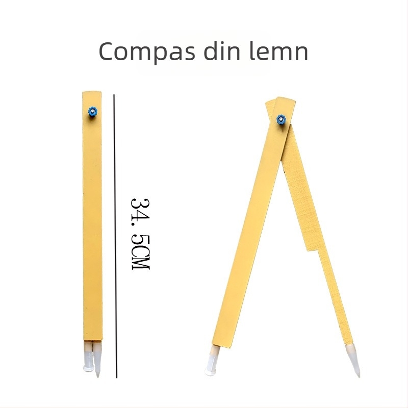 Set de instrumente didactice din lemn: riglă triunghiulară, unghiometru, compas — 4 piese pentru demonstrații în clasă