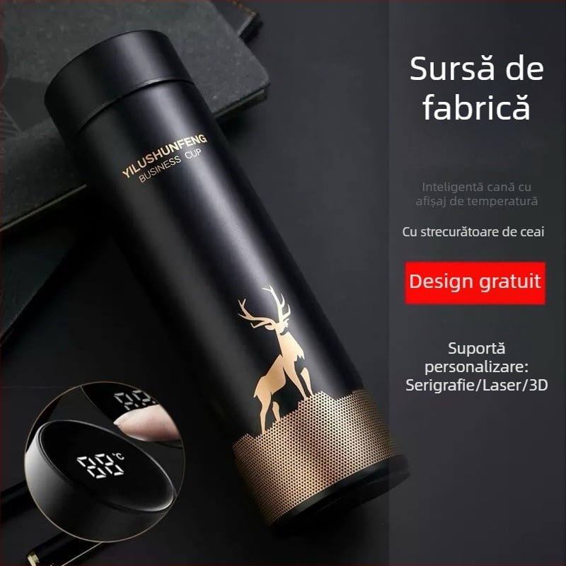 Cană termoizolantă inteligentă din oțel inoxidabil 304, design drept pentru afaceri, cu afișaj de temperatură, cană promoțională cu logo personalizat