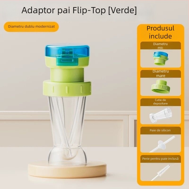 Capac 3 în 1 pentru sticlă cu pai, adaptor pentru gură mare și capac de conversie a gurii pentru sticlele copiilor, design cu frunză Orientală