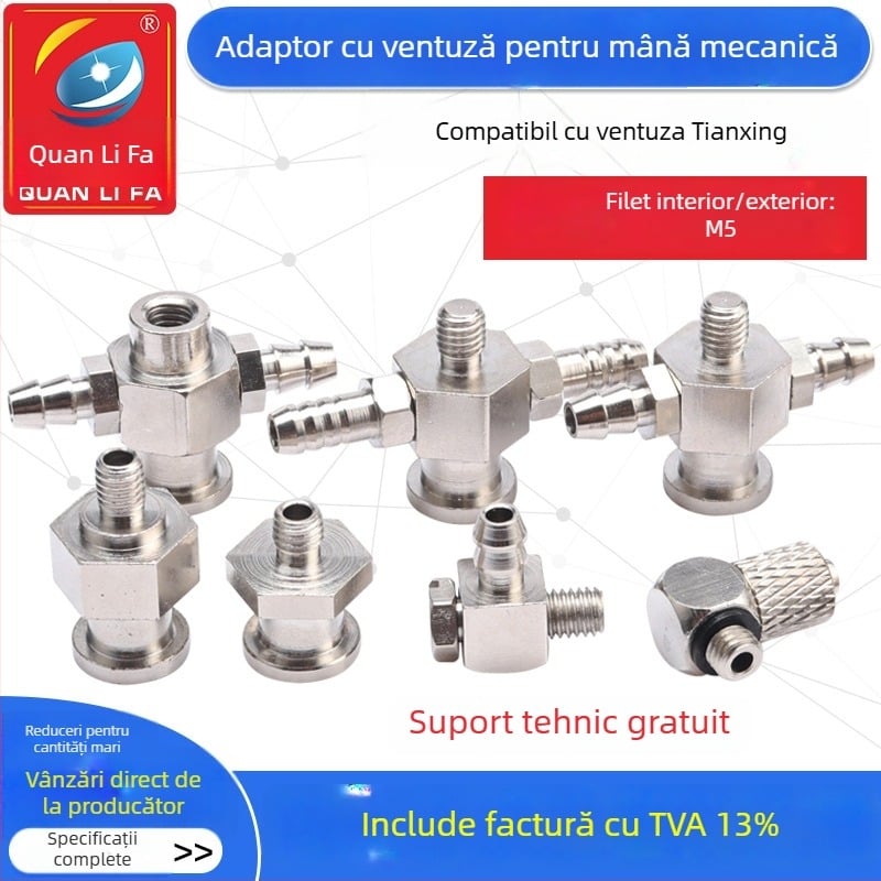 Accesorii pentru brațul robotic: ventuză, cap mare și cap mic, adaptor filet M5, T din fier și cot, conector pneumatic rapid