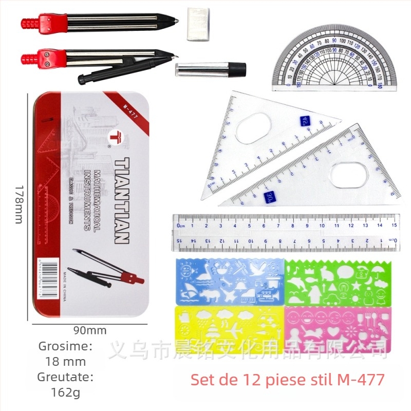 Set compas și riglă într-o cutie metalică pentru elevi — instrumente de desen profesionale, precizie înaltă, cu vârfuri de rezervă