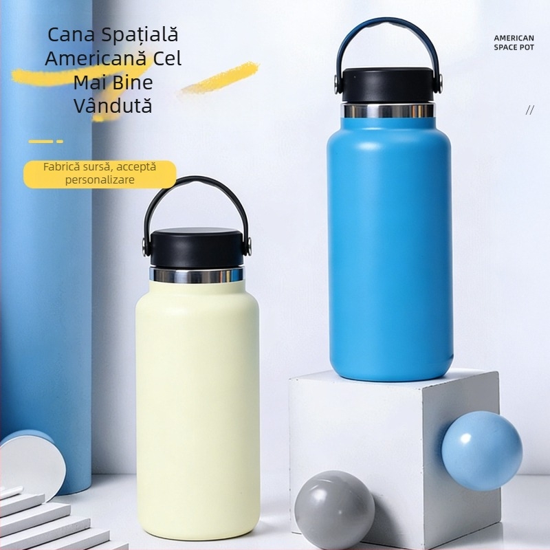 Termos cu gură lată, 32 oz, interior din oțel inoxidabil 304, exterior din 201, izolație vid, portabil cu mâner, pentru activități în aer liber