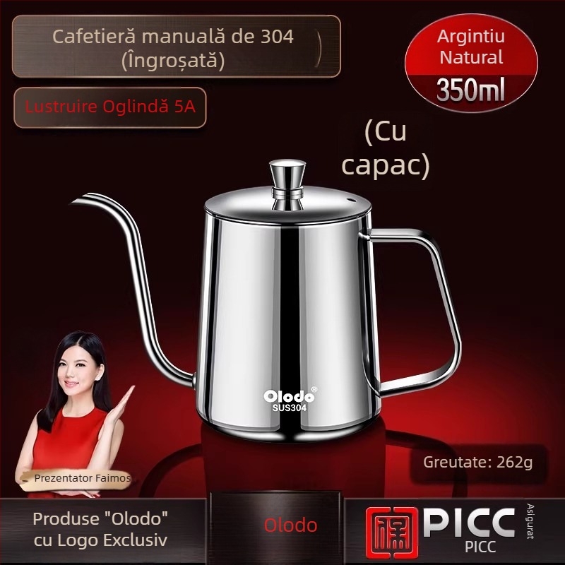 Ceainic pentru pour-over din oțel inoxidabil 304, cu control al temperaturii, gură îngustă și lungă, unelte de cafea lucrate manual