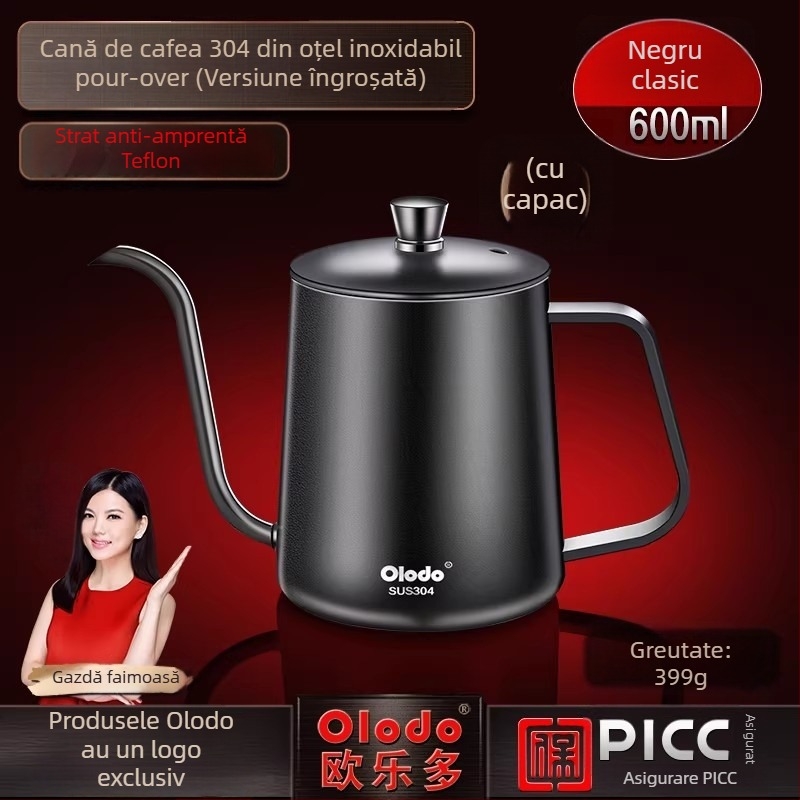 Ceainic pentru pour-over din oțel inoxidabil 304, cu control al temperaturii, gură îngustă și lungă, unelte de cafea lucrate manual