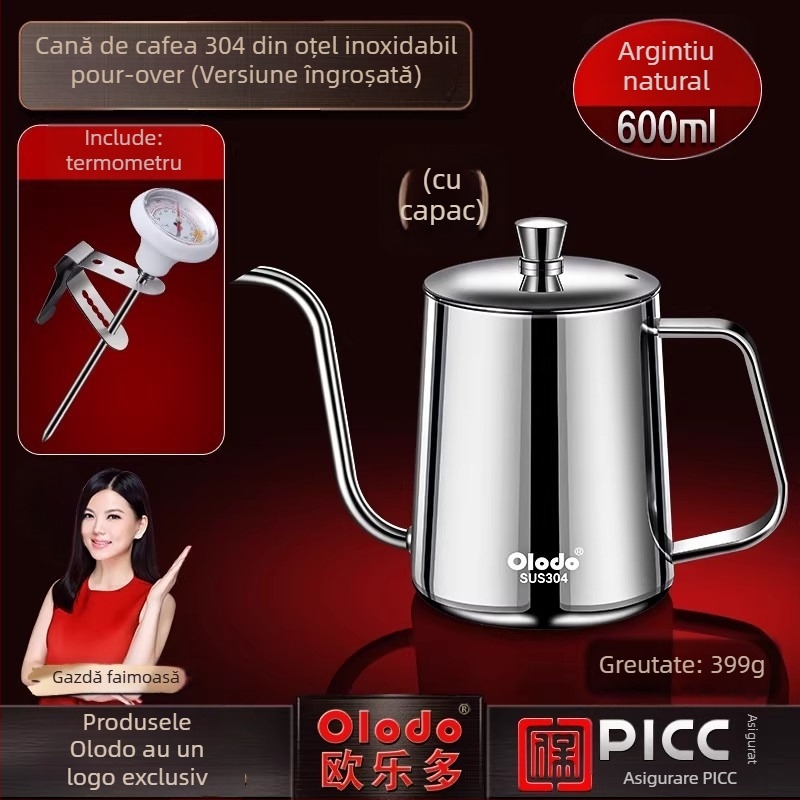 Ceainic pentru pour-over din oțel inoxidabil 304, cu control al temperaturii, gură îngustă și lungă, unelte de cafea lucrate manual