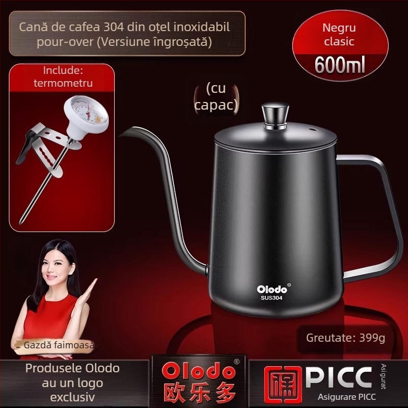 Ceainic pentru pour-over din oțel inoxidabil 304, cu control al temperaturii, gură îngustă și lungă, unelte de cafea lucrate manual