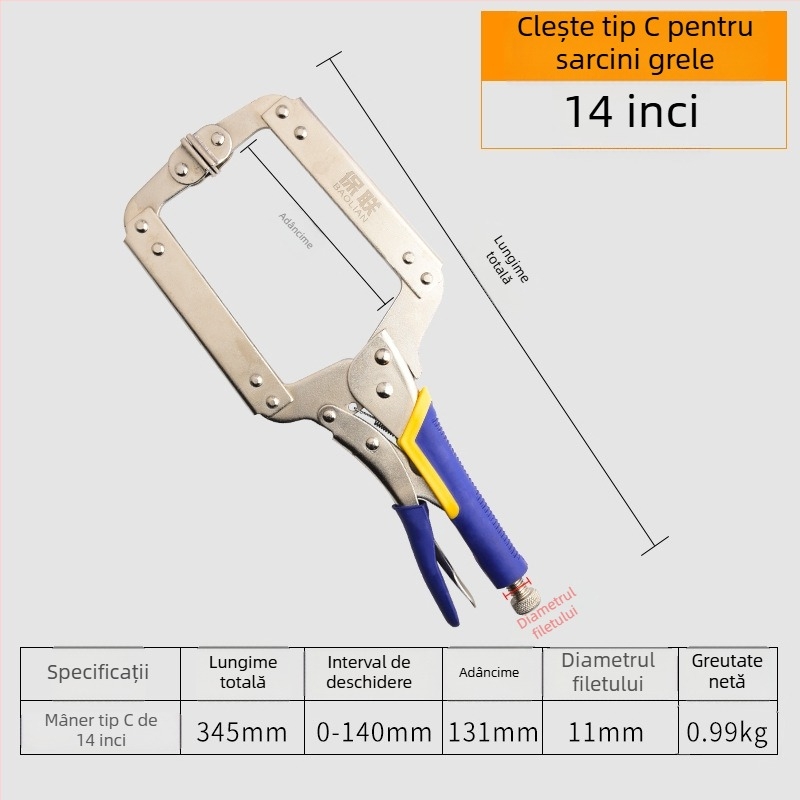 Clește industrial multifuncțional cu gură rotundă, clemă automată tip C și vârf plat pentru etanșare rapidă